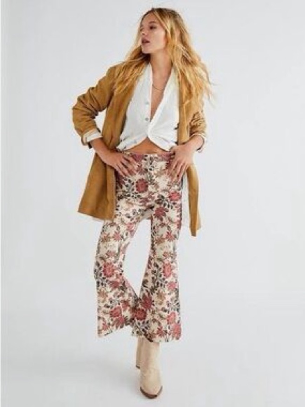 Free People Floral Flare Jeans in Cream and Rose